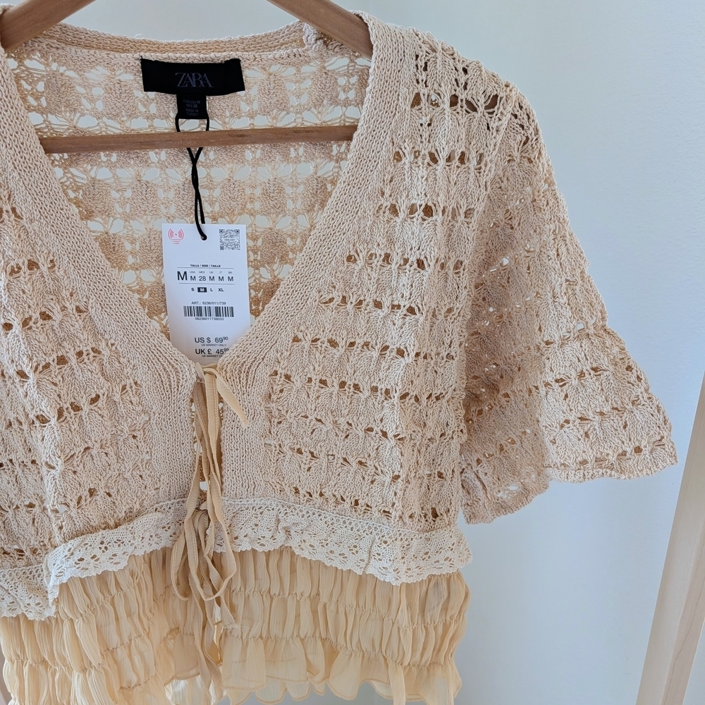 NWT Zara Crochet Open Knit Ruffled Hem Tie-Front Cardigan In Apricot - M - Picture 8 of 11